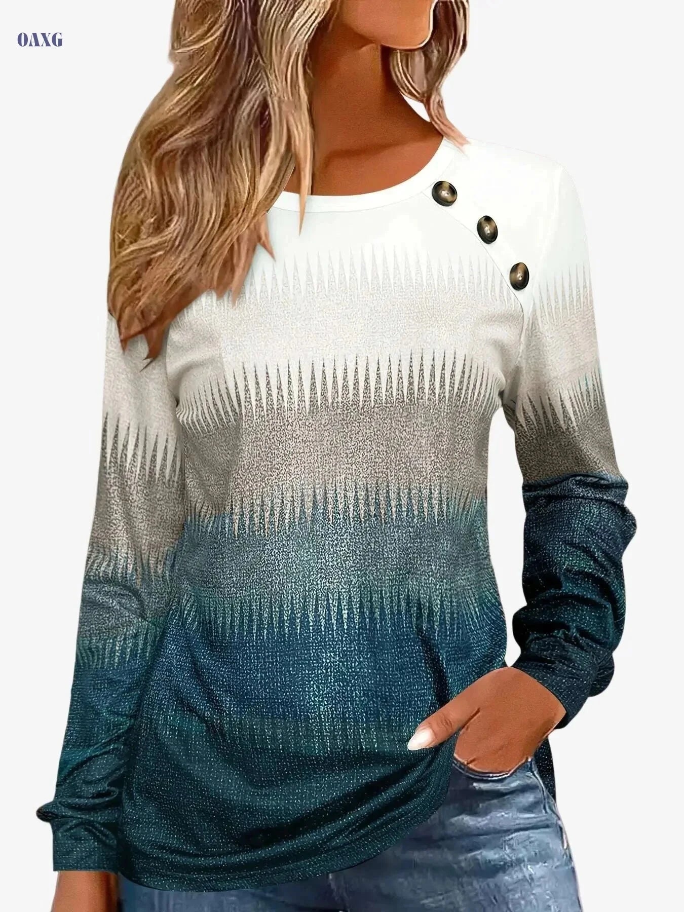 Women's Gradient Long Sleeve T-Shirt - Casual Button Crew Neck Top   OAXG Coffee color / S