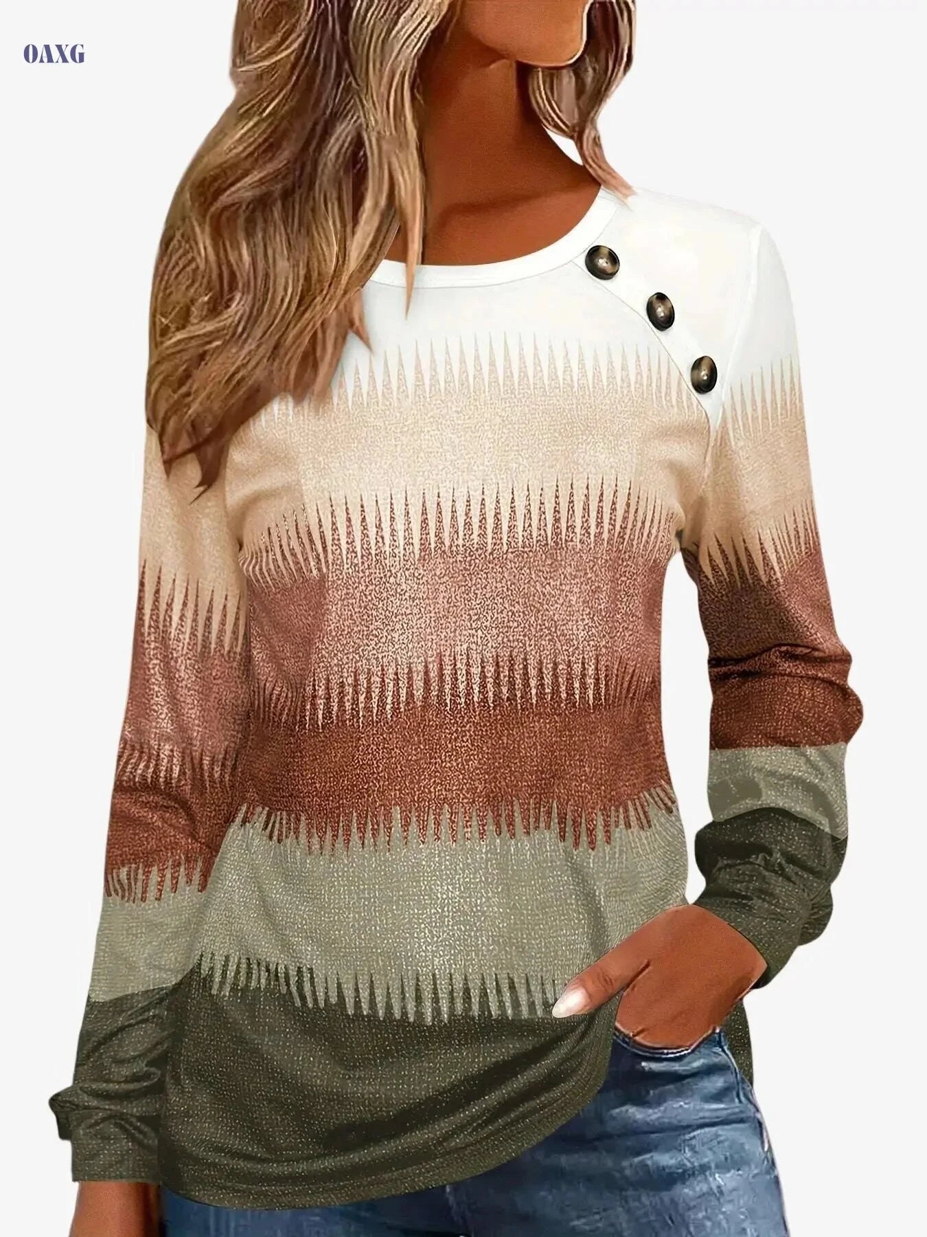 Women's Gradient Long Sleeve T-Shirt - Casual Button Crew Neck Top   OAXG Coffee color / S