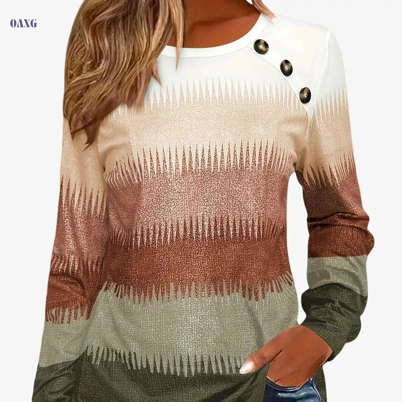 Women's Gradient Long Sleeve T-Shirt - Casual Button Crew Neck Top   OAXG Coffee color / S