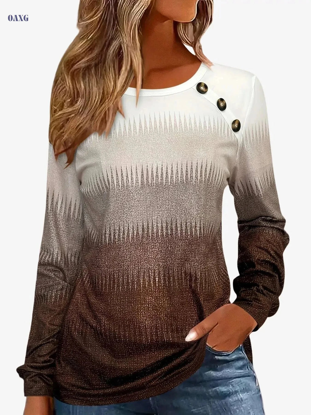 Women's Gradient Long Sleeve T-Shirt - Casual Button Crew Neck Top   OAXG 