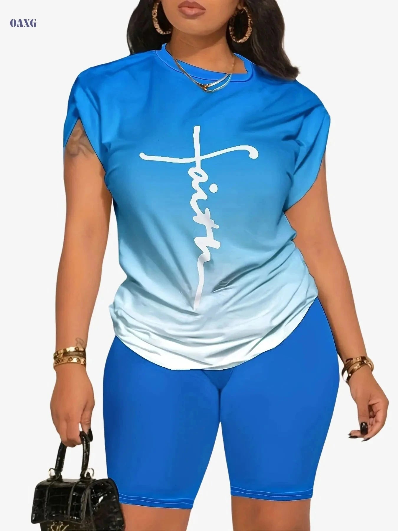 Women's Gradient T-Shirt & Shorts Set - Comfortable Casual Suit   OAXG 