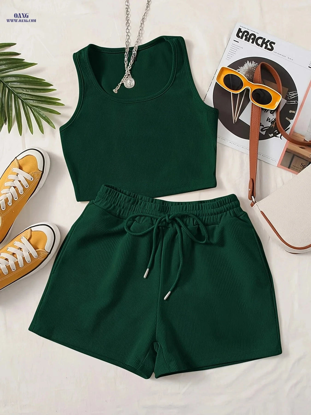 Women's Green Sleeveless Tank Top & Shorts Set - Casual All-Season Wear   OAXG 