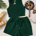Women's Green Sleeveless Tank Top & Shorts Set - Casual All-Season Wear   OAXG Dark Green / S