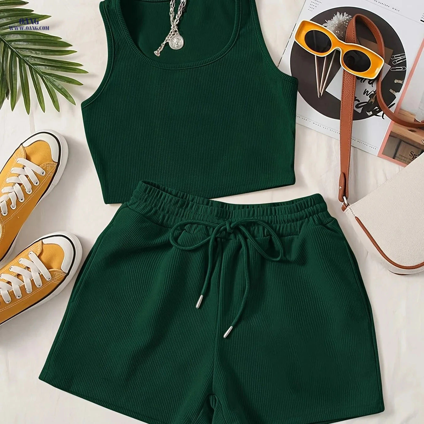 Women's Green Sleeveless Tank Top & Shorts Set - Casual All-Season Wear   OAXG Dark Green / S