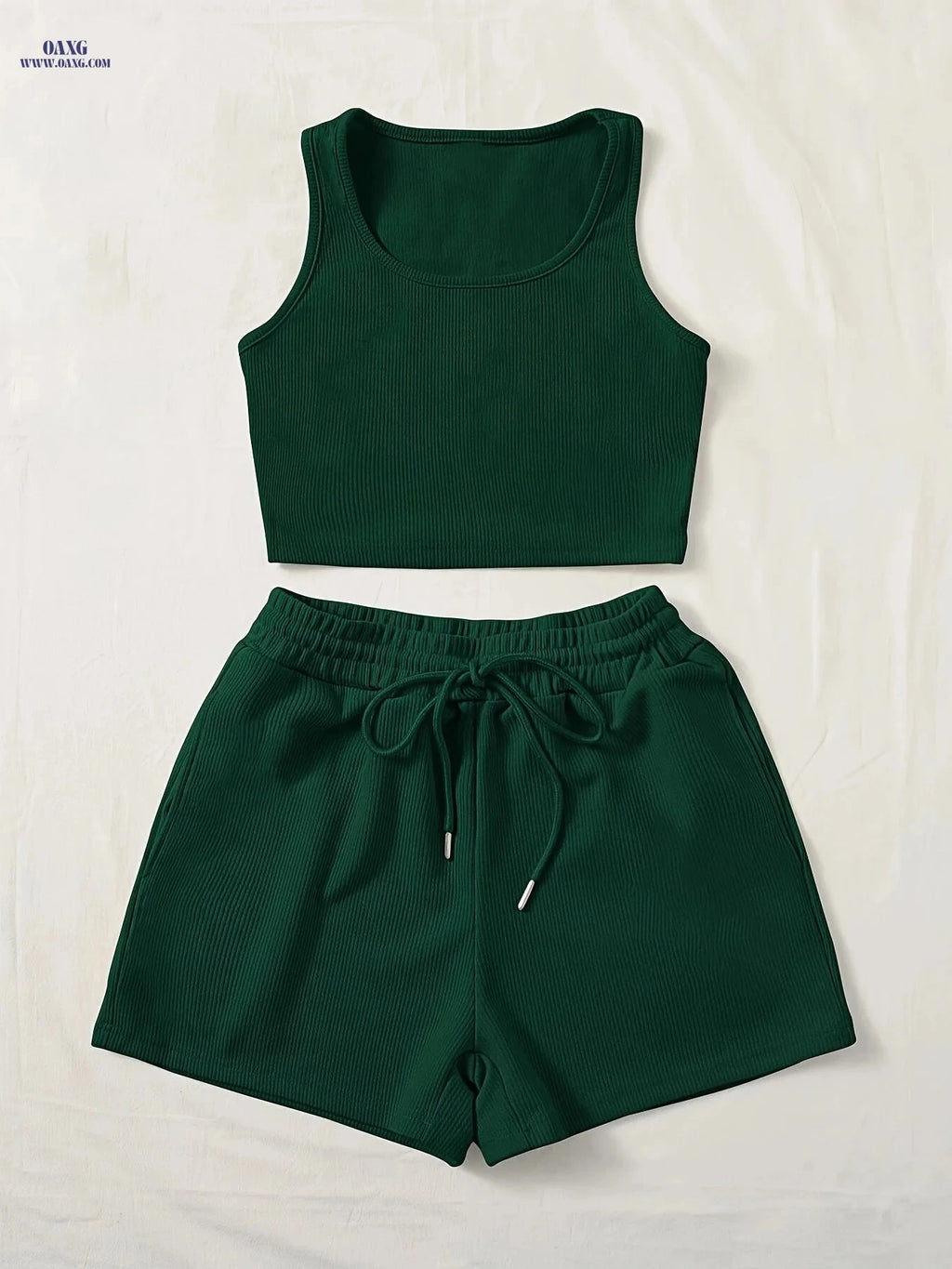 Women's Green Sleeveless Tank Top & Shorts Set - Casual All-Season Wear   OAXG Dark Green / S