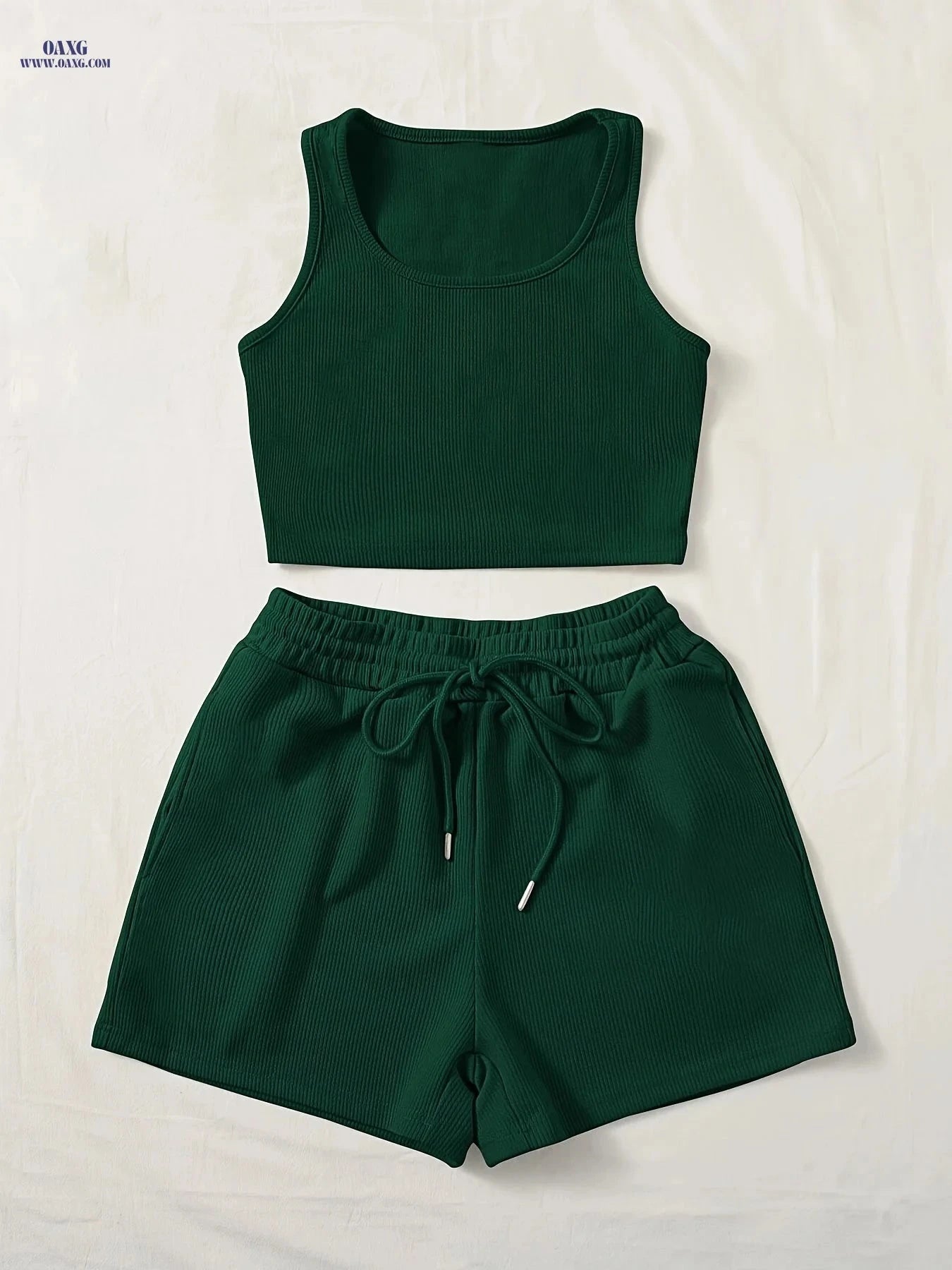 Women's Green Sleeveless Tank Top & Shorts Set - Casual All-Season Wear   OAXG Dark Green / S