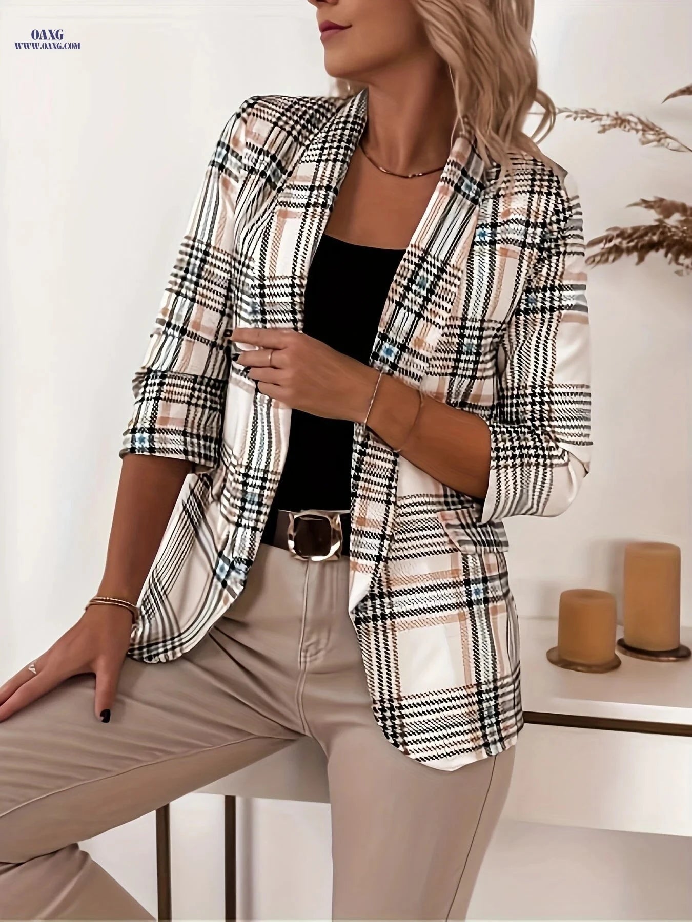 Women's H-Shaped Plaid Blazer - Elegant Office Casual Spring Wear   OAXG Mixed colors / S