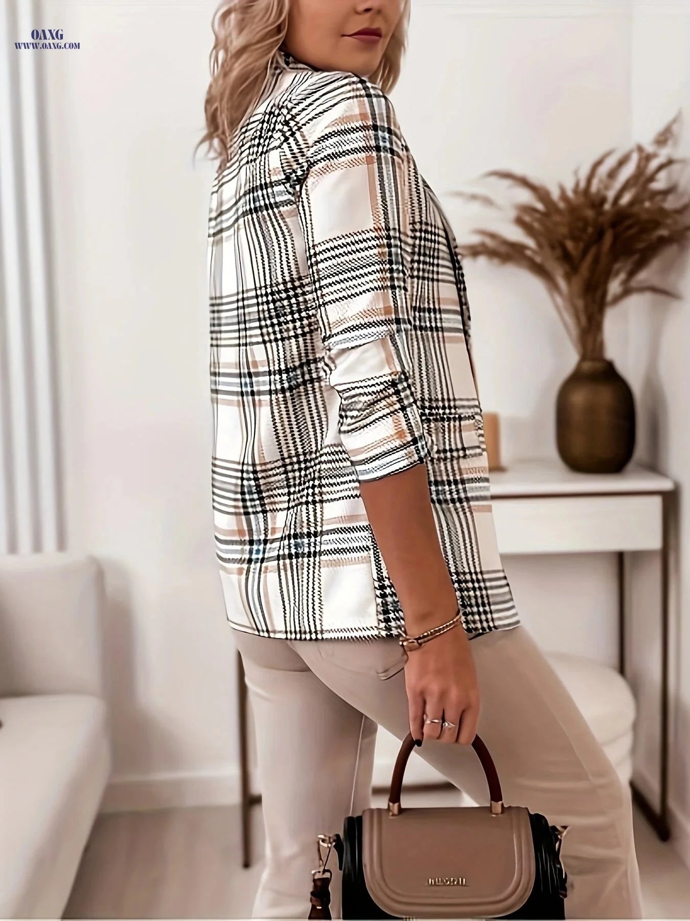 Women's H-Shaped Plaid Blazer - Elegant Office Casual Spring Wear   OAXG Mixed colors / S