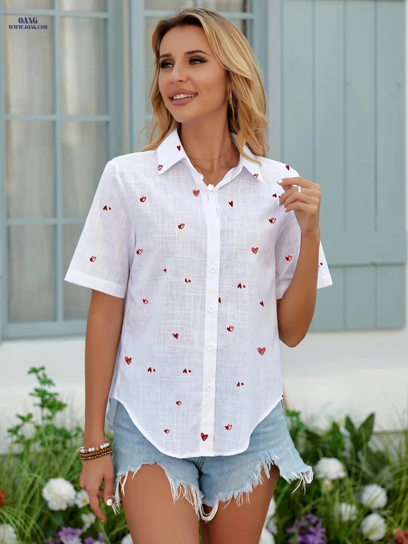 Women's Heart Print Button Blouse - Casual Short Sleeve Top   OAXG White / XS