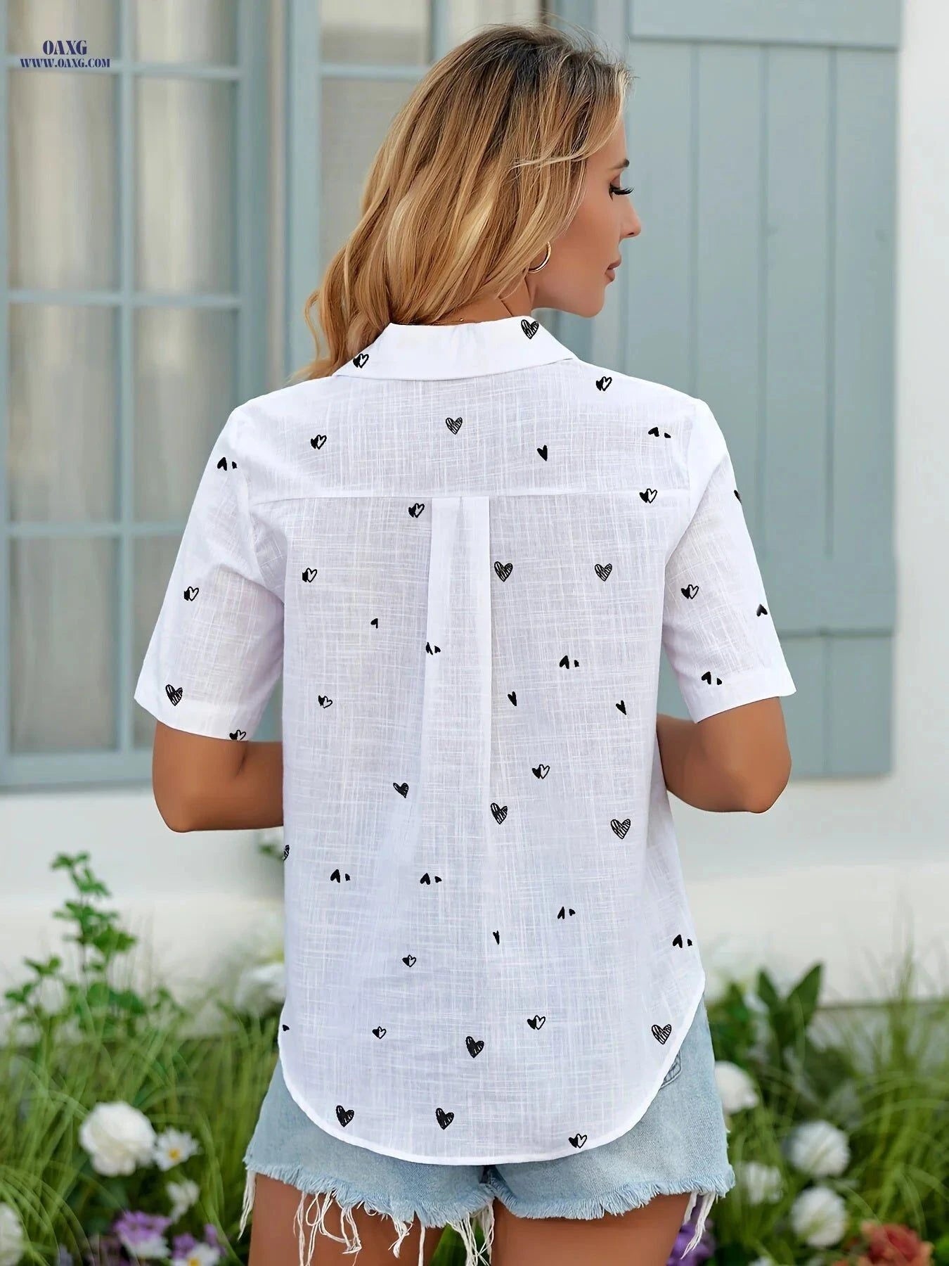 Women's Heart Print Button Blouse - Casual Short Sleeve Top   OAXG White / XS