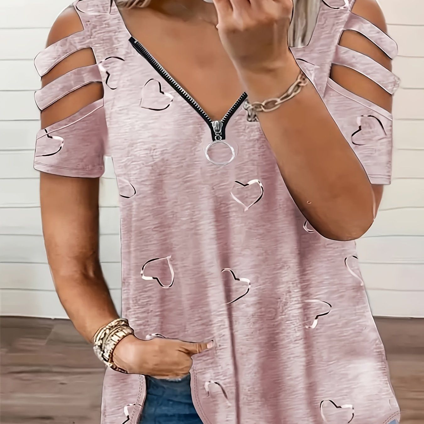 Women's Heart Print Zip-Up Short Sleeve T-Shirt   OAXG Sky Blue / S