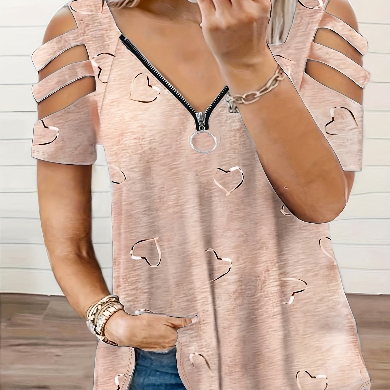 Women's Heart Print Zip-Up Short Sleeve T-Shirt   OAXG Sky Blue / S