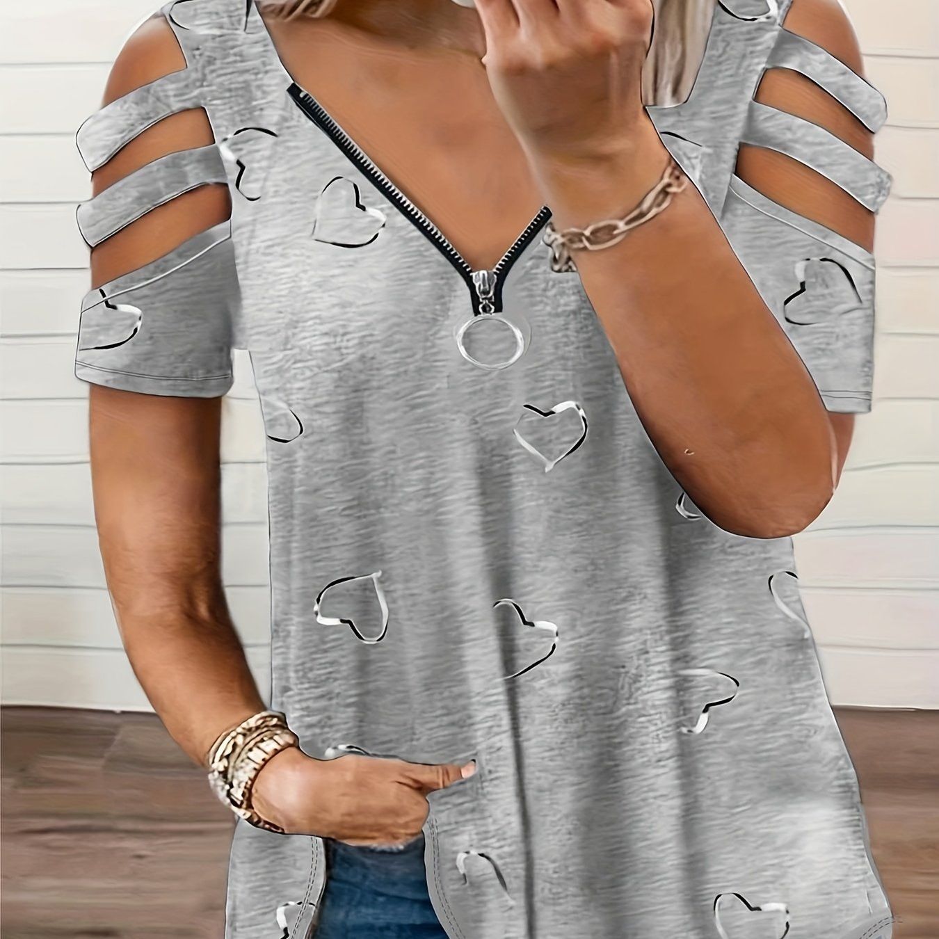 Women's Heart Print Zip-Up Short Sleeve T-Shirt   OAXG Sky Blue / S