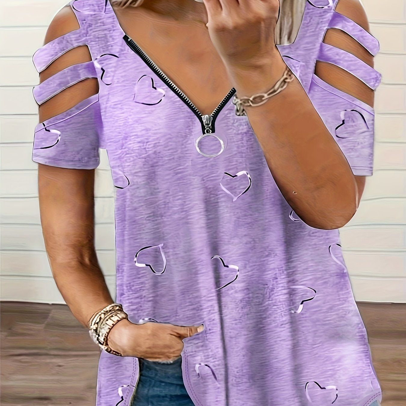 Women's Heart Print Zip-Up Short Sleeve T-Shirt   OAXG Sky Blue / S