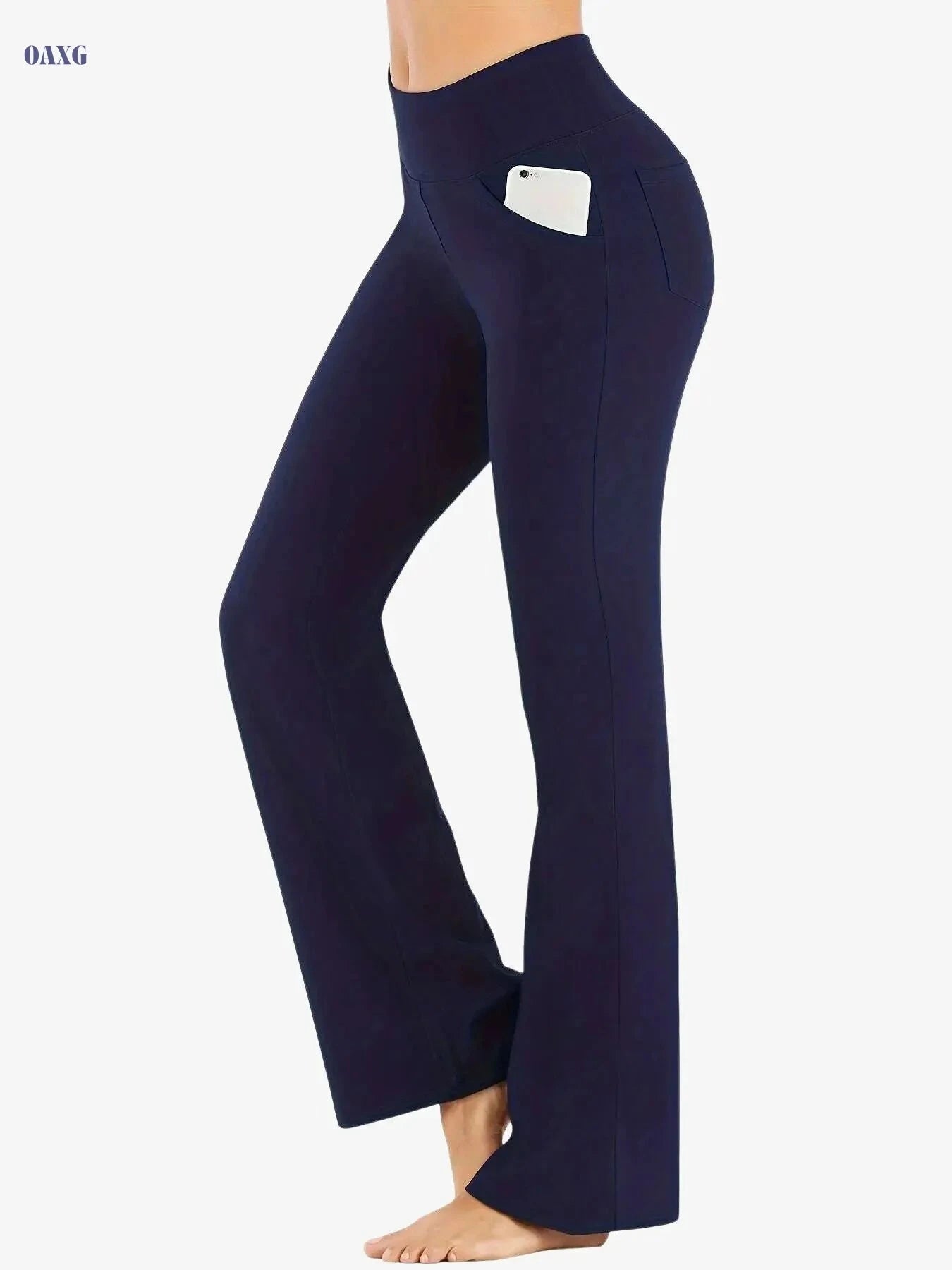 Women's High Elastic Sports Pants - Long, Casual, with Pocket   OAXG Navy Blue / S