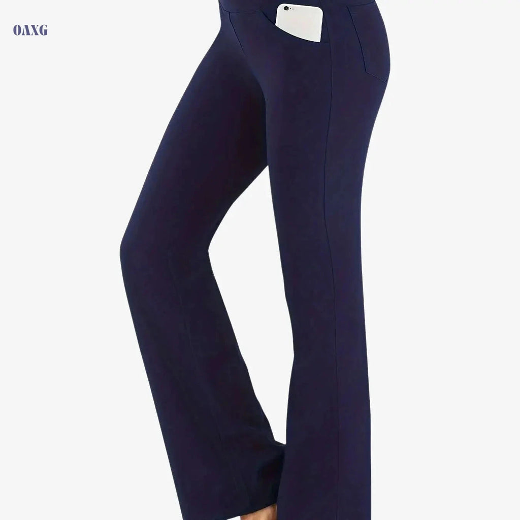 Women's High Elastic Sports Pants - Long, Casual, with Pocket   OAXG Navy Blue / S