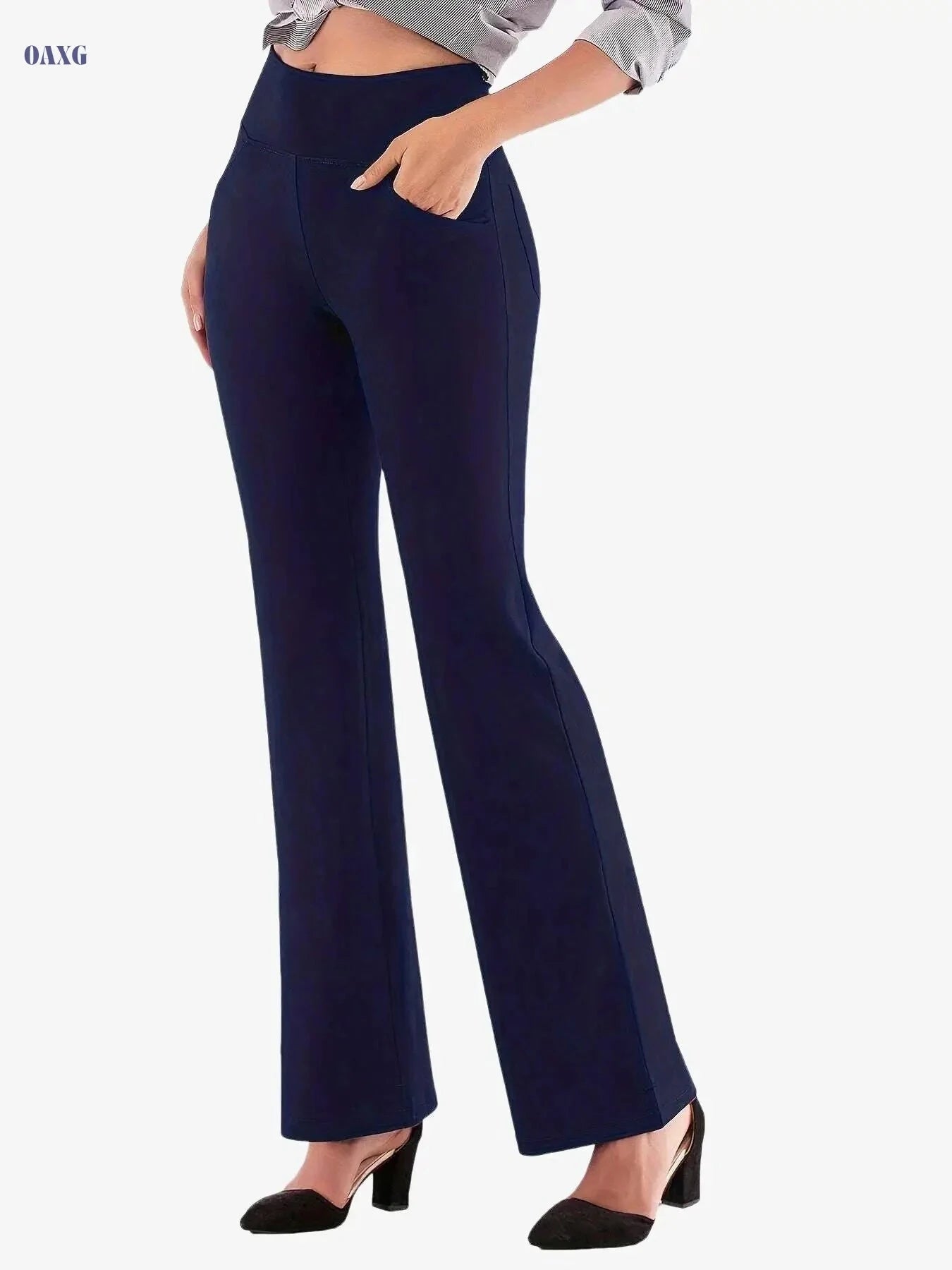 Women's High Elastic Sports Pants - Long, Casual, with Pocket   OAXG Navy Blue / S