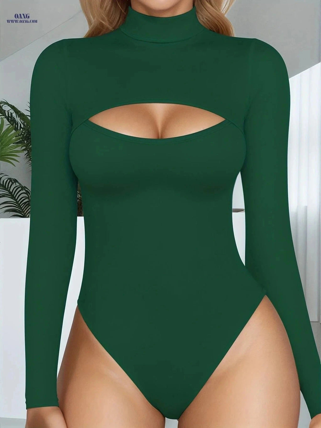Women's High-Neck Bodysuit - Sexy Cut-Out Long Sleeve Top   OAXG White / XS