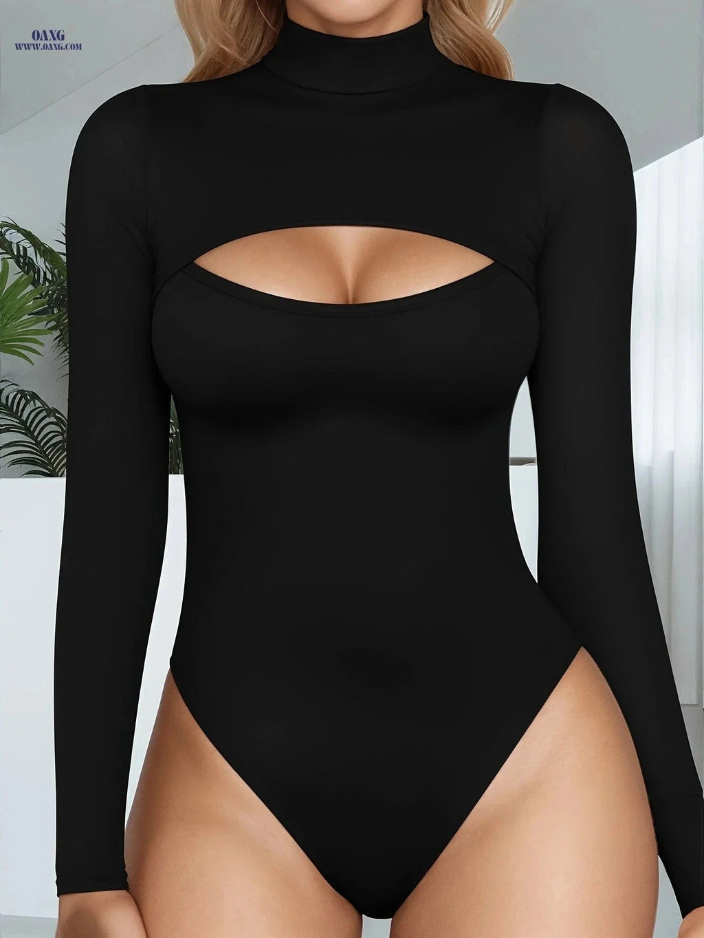 Women's High-Neck Bodysuit - Sexy Cut-Out Long Sleeve Top   OAXG White / XS