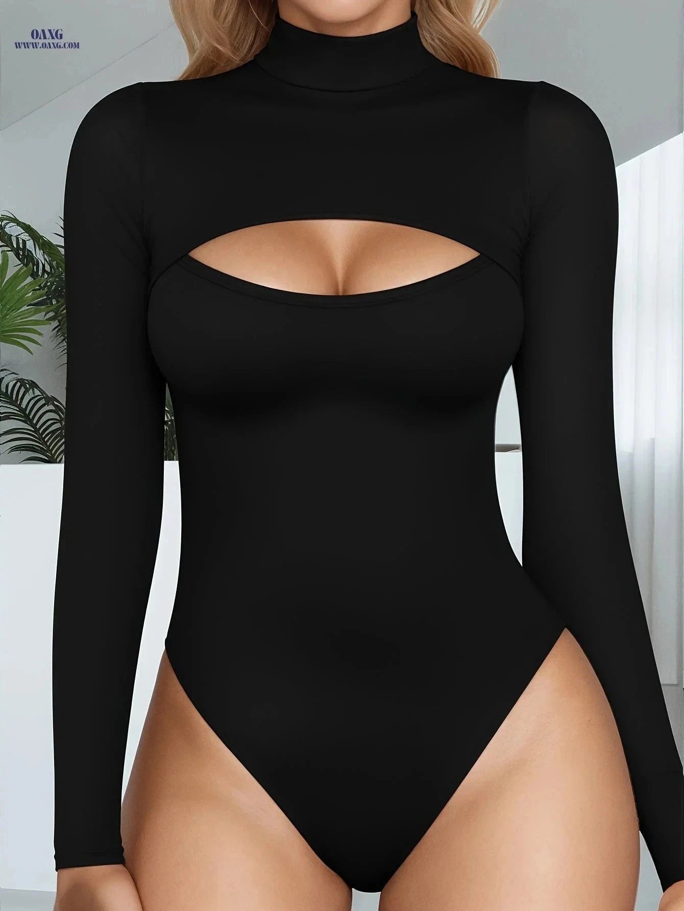 Women's High-Neck Bodysuit - Sexy Cut-Out Long Sleeve Top   OAXG White / XS