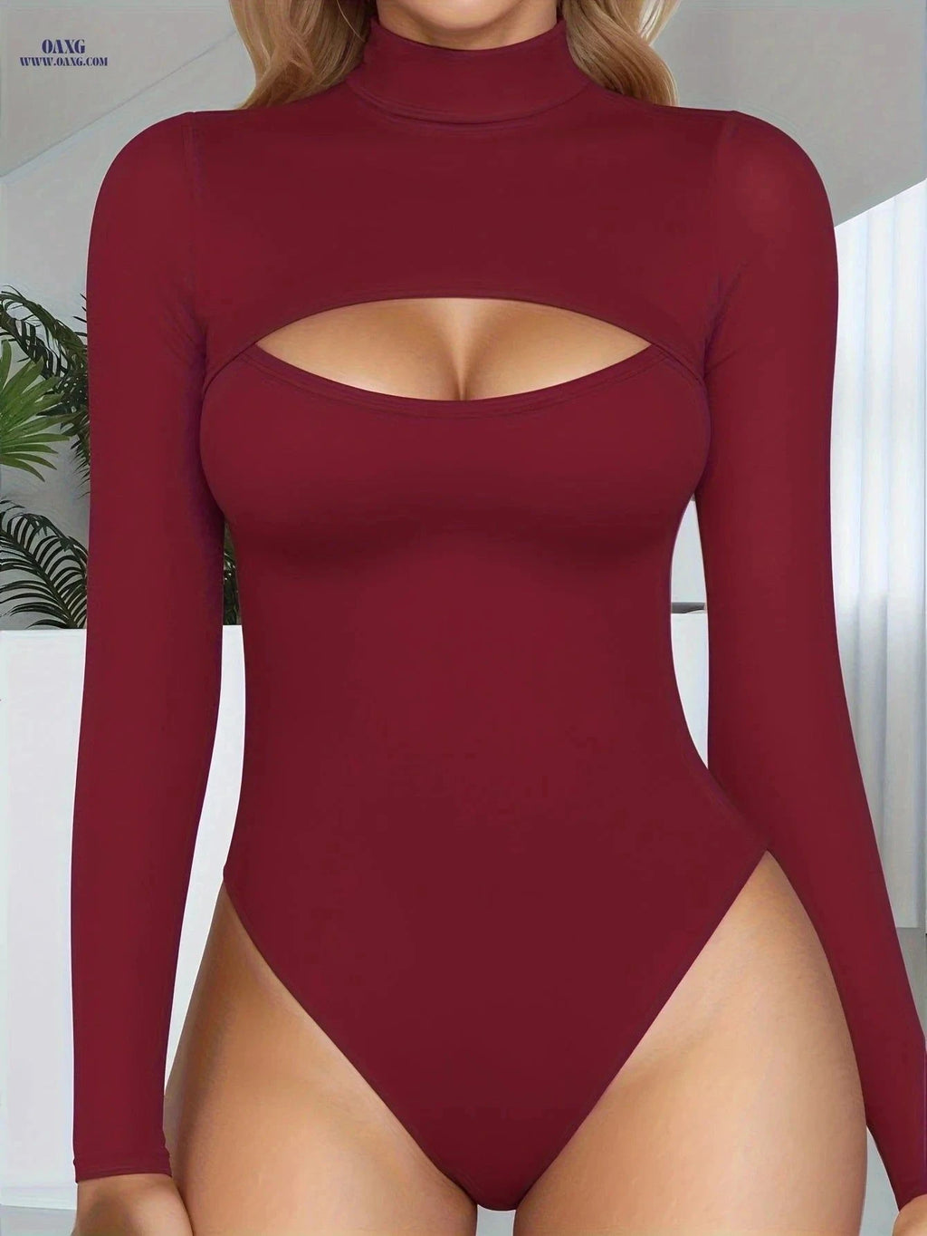 Women's High-Neck Bodysuit - Sexy Cut-Out Long Sleeve Top   OAXG White / XS