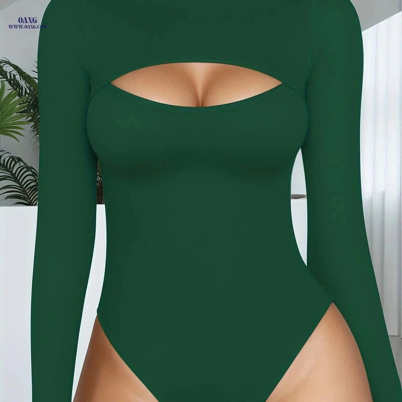 Women's High-Neck Bodysuit - Sexy Cut-Out Long Sleeve Top   OAXG White / XS