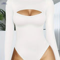 Women's High-Neck Bodysuit - Sexy Cut-Out Long Sleeve Top   OAXG White / XS