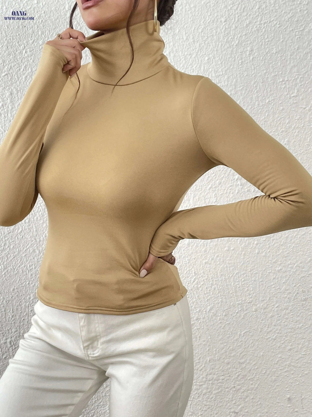 Women's High-Neck Long Sleeve Crop Top - Chic Black Polyester Blend   OAXG 