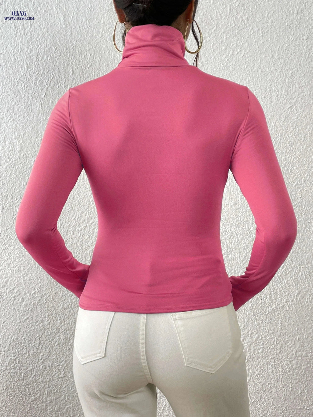 Women's High-Neck Long Sleeve Crop Top - Chic Black Polyester Blend   OAXG 
