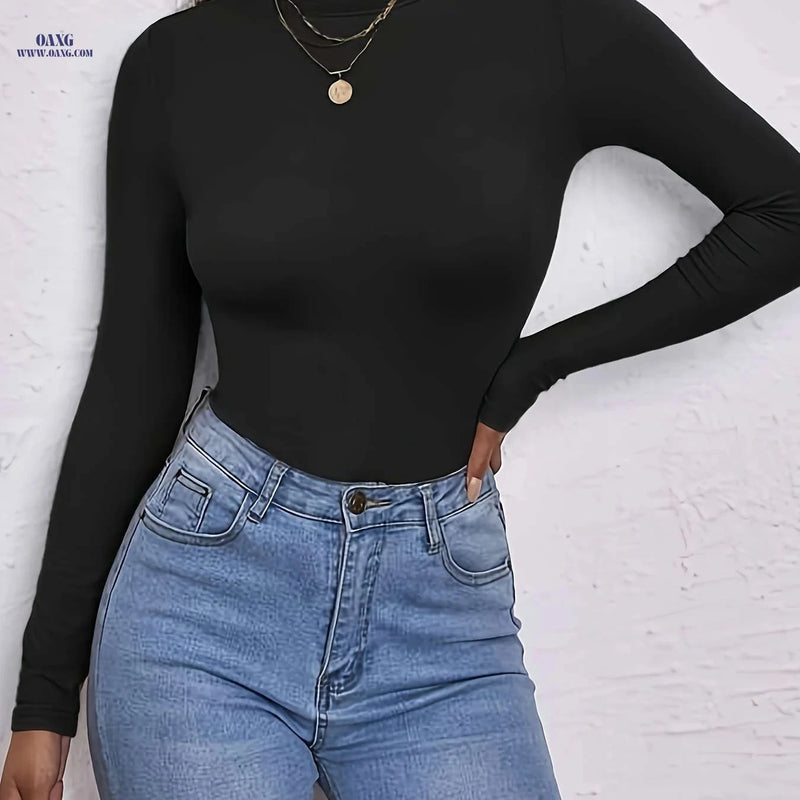 Women's High-Neck Long Sleeve Crop Top - Chic Black Polyester Blend   OAXG Black / XS