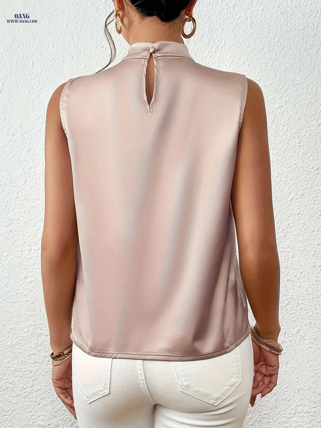 Women's High-Neck Sleeveless Blouse - Lightweight Solid Color Top   OAXG Light Gold / S