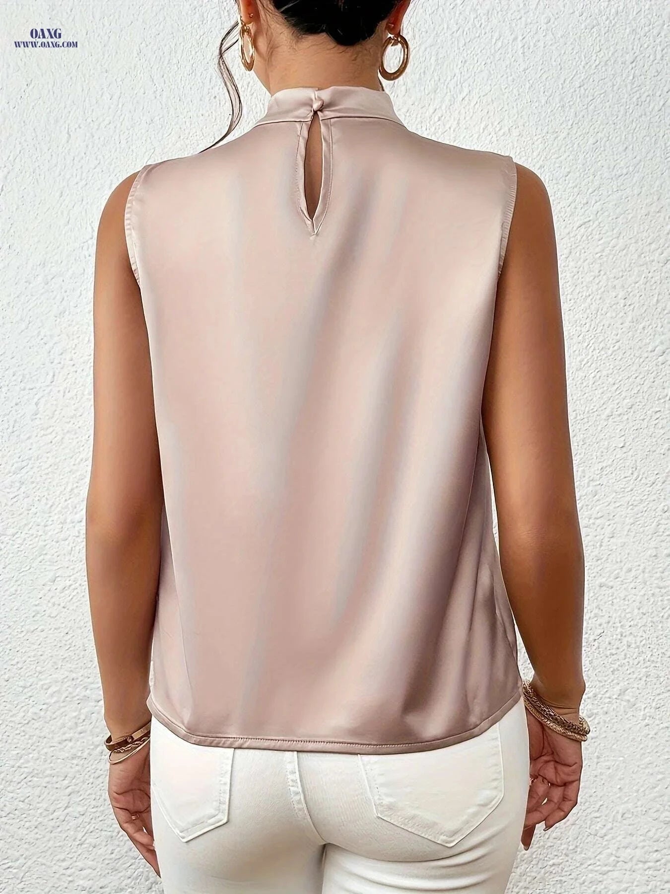 Women's High-Neck Sleeveless Blouse - Lightweight Solid Color Top   OAXG Light Gold / S