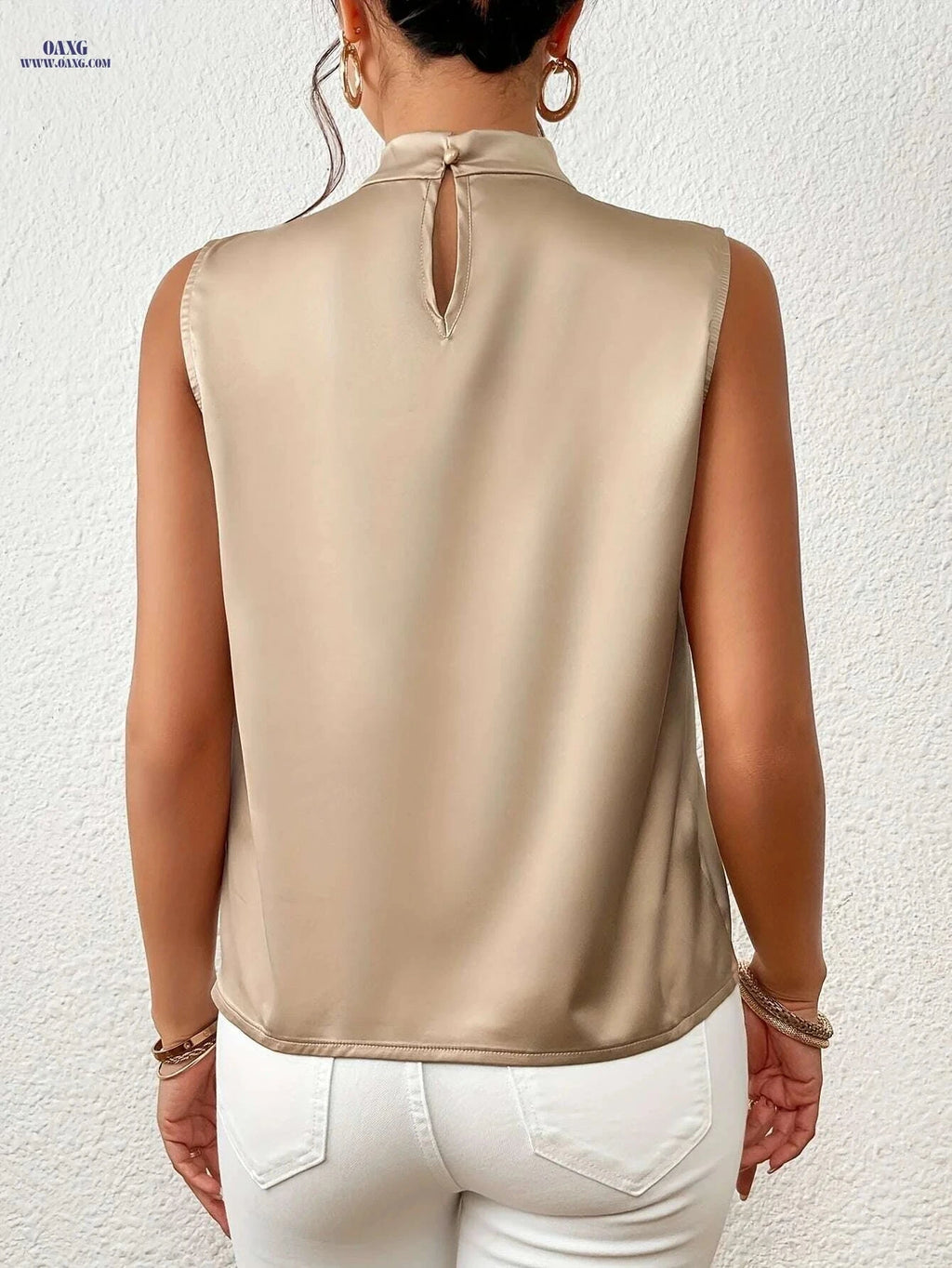 Women's High-Neck Sleeveless Blouse - Lightweight Solid Color Top   OAXG Light Gold / S