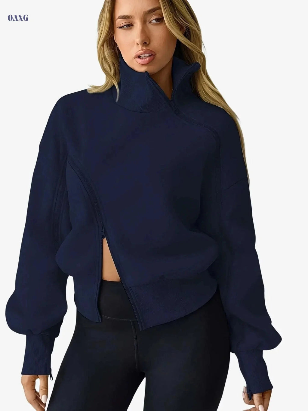 Women's High-Neck Zip-Up Sports Hoodie - Color-Blocked Casual Style   OAXG 