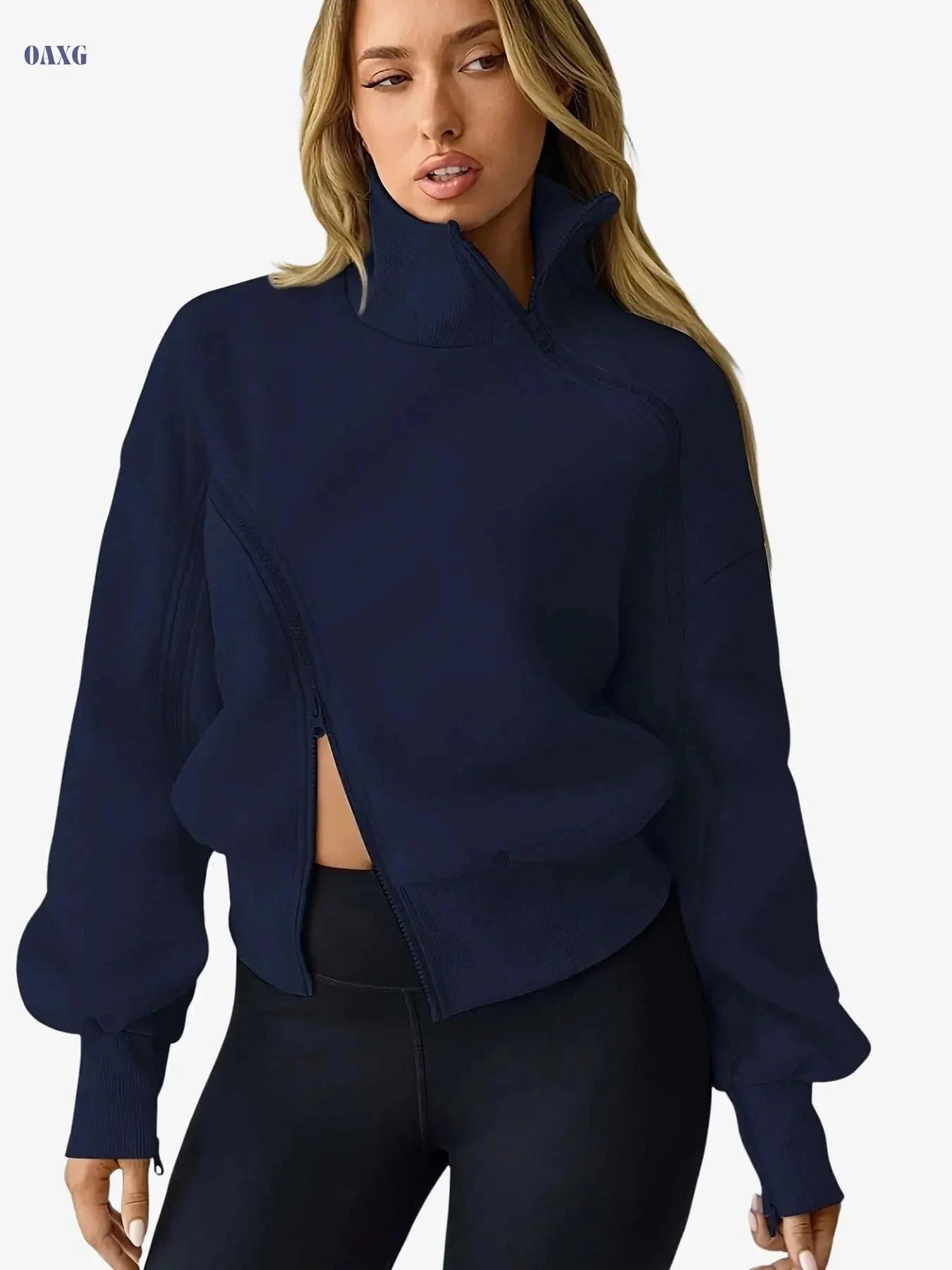 Women's High-Neck Zip-Up Sports Hoodie - Color-Blocked Casual Style   OAXG 