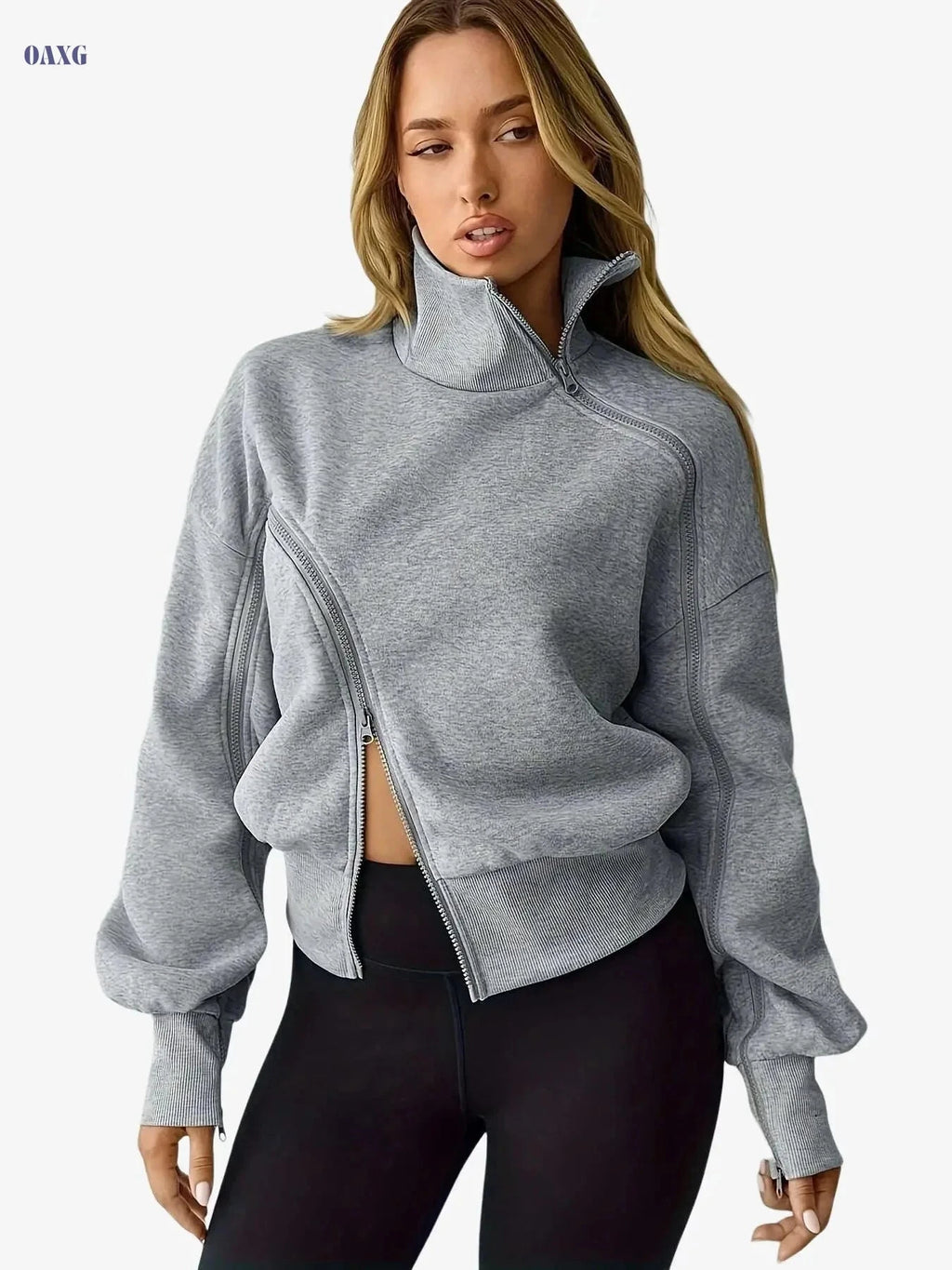 Women's High-Neck Zip-Up Sports Hoodie - Color-Blocked Casual Style   OAXG Grey / XS