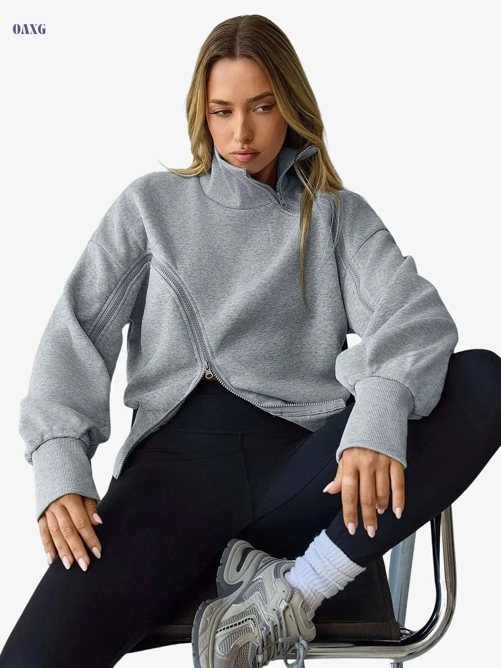 Women's High-Neck Zip-Up Sports Hoodie - Color-Blocked Casual Style   OAXG Grey / XS