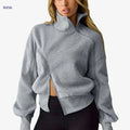 Women's High-Neck Zip-Up Sports Hoodie - Color-Blocked Casual Style   OAXG Grey / XS