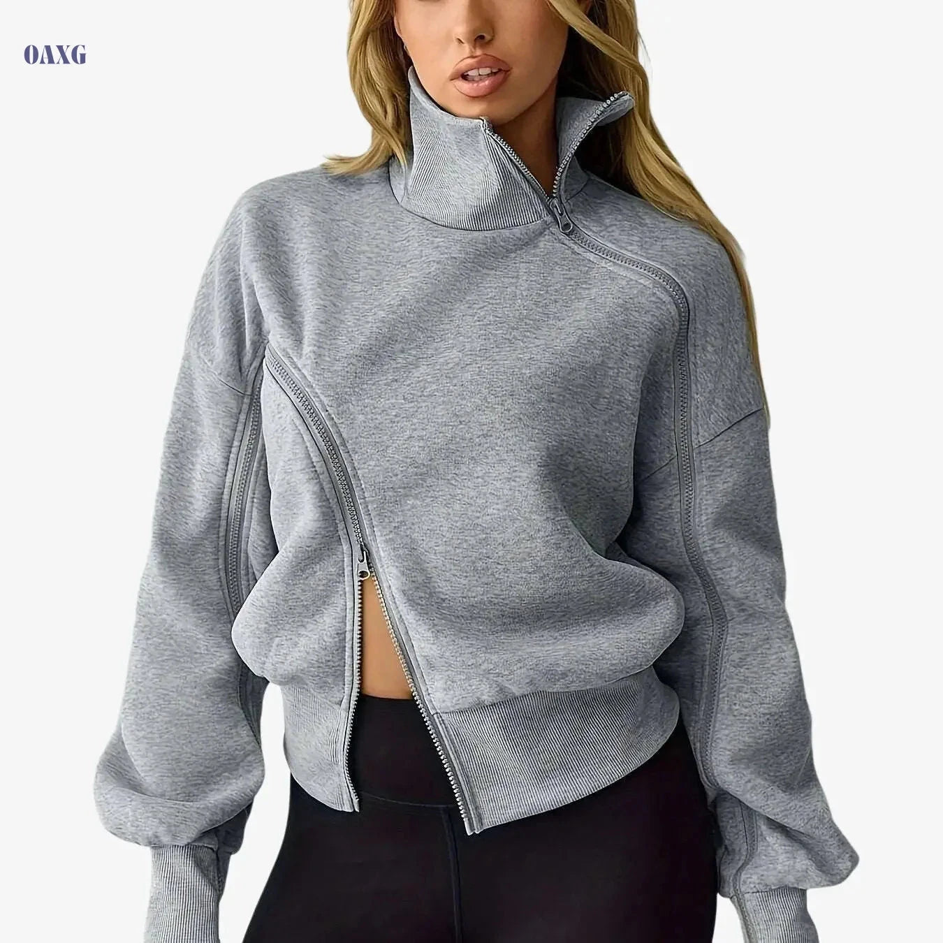 Women's High-Neck Zip-Up Sports Hoodie - Color-Blocked Casual Style   OAXG Grey / XS