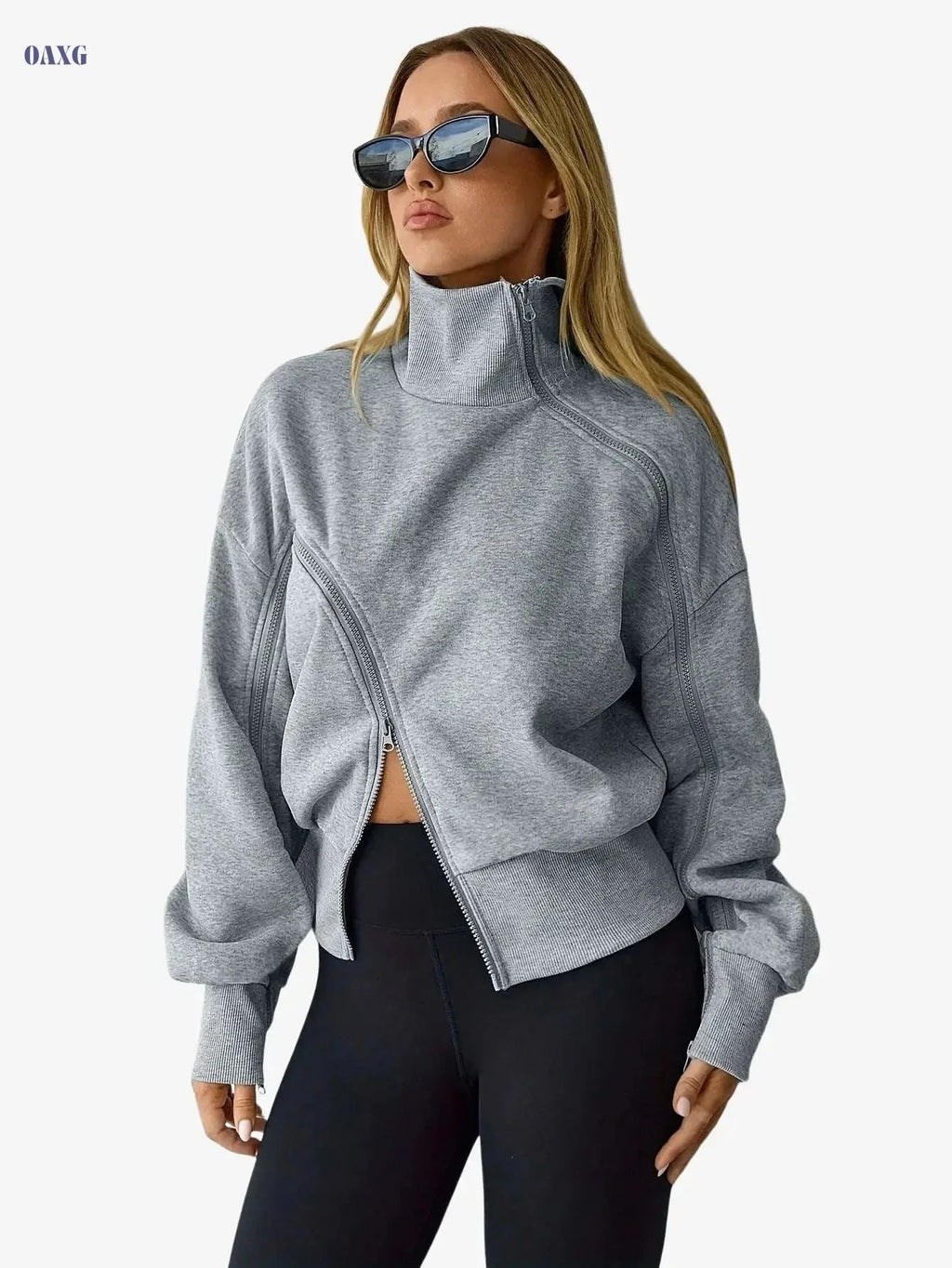 Women's High-Neck Zip-Up Sports Hoodie - Color-Blocked Casual Style   OAXG 