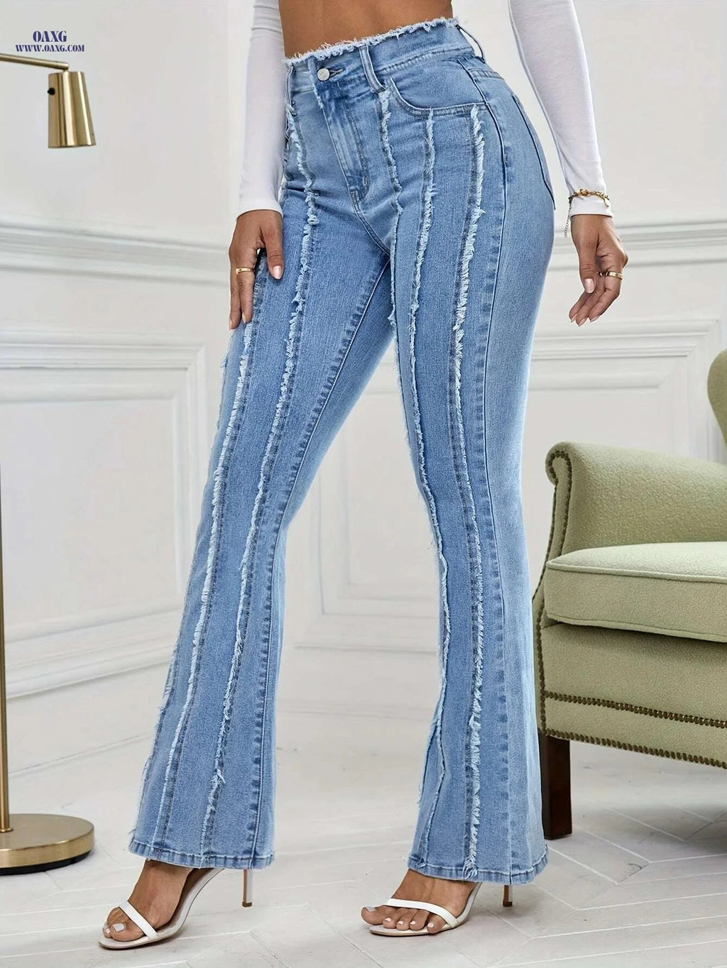 Women's High-Rise Flare Jeans - Stretchy Tassel Detail, Casual Comfort   OAXG Blue / XS