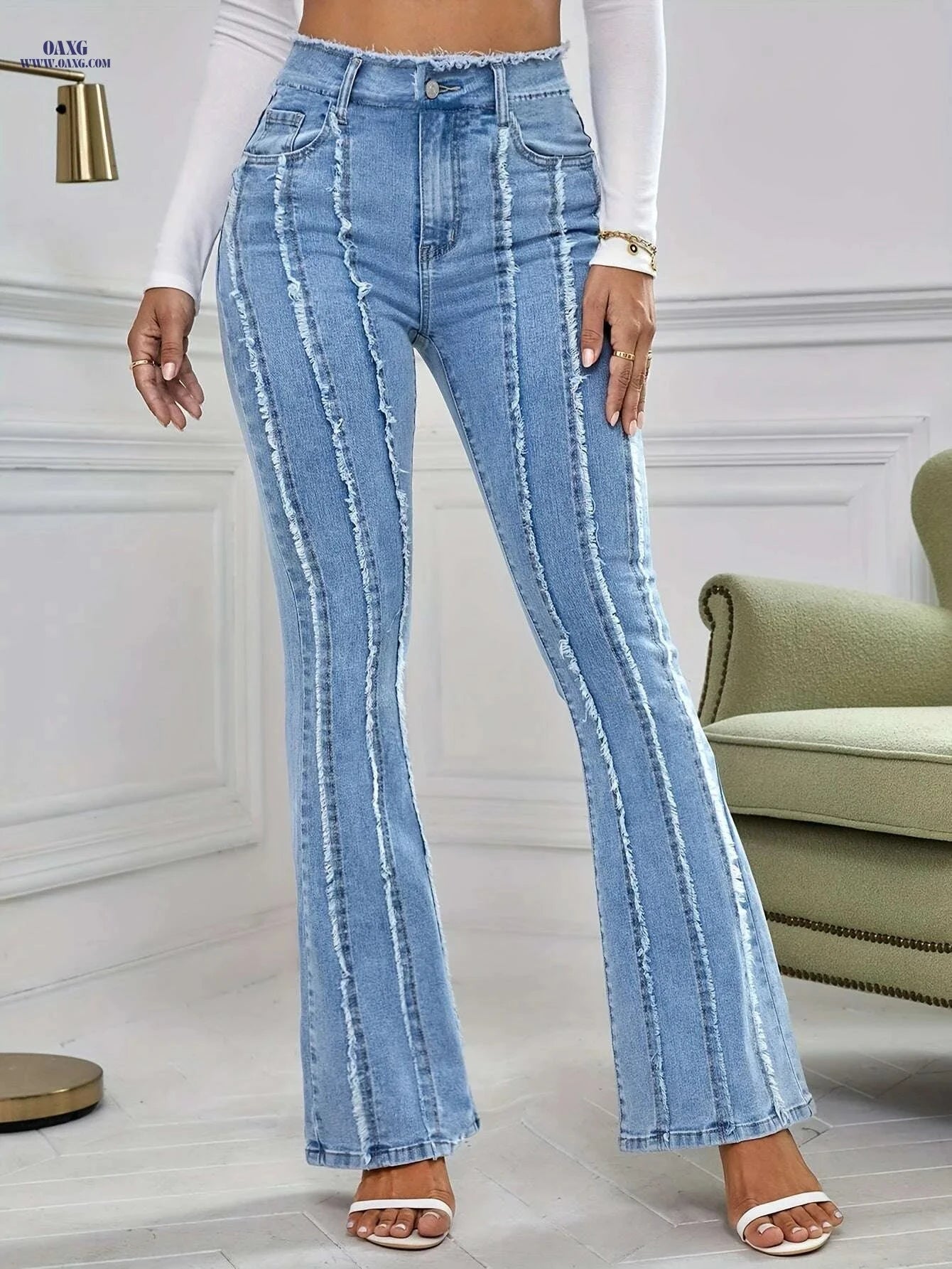 Women's High-Rise Flare Jeans - Stretchy Tassel Detail, Casual Comfort   OAXG Blue / XS