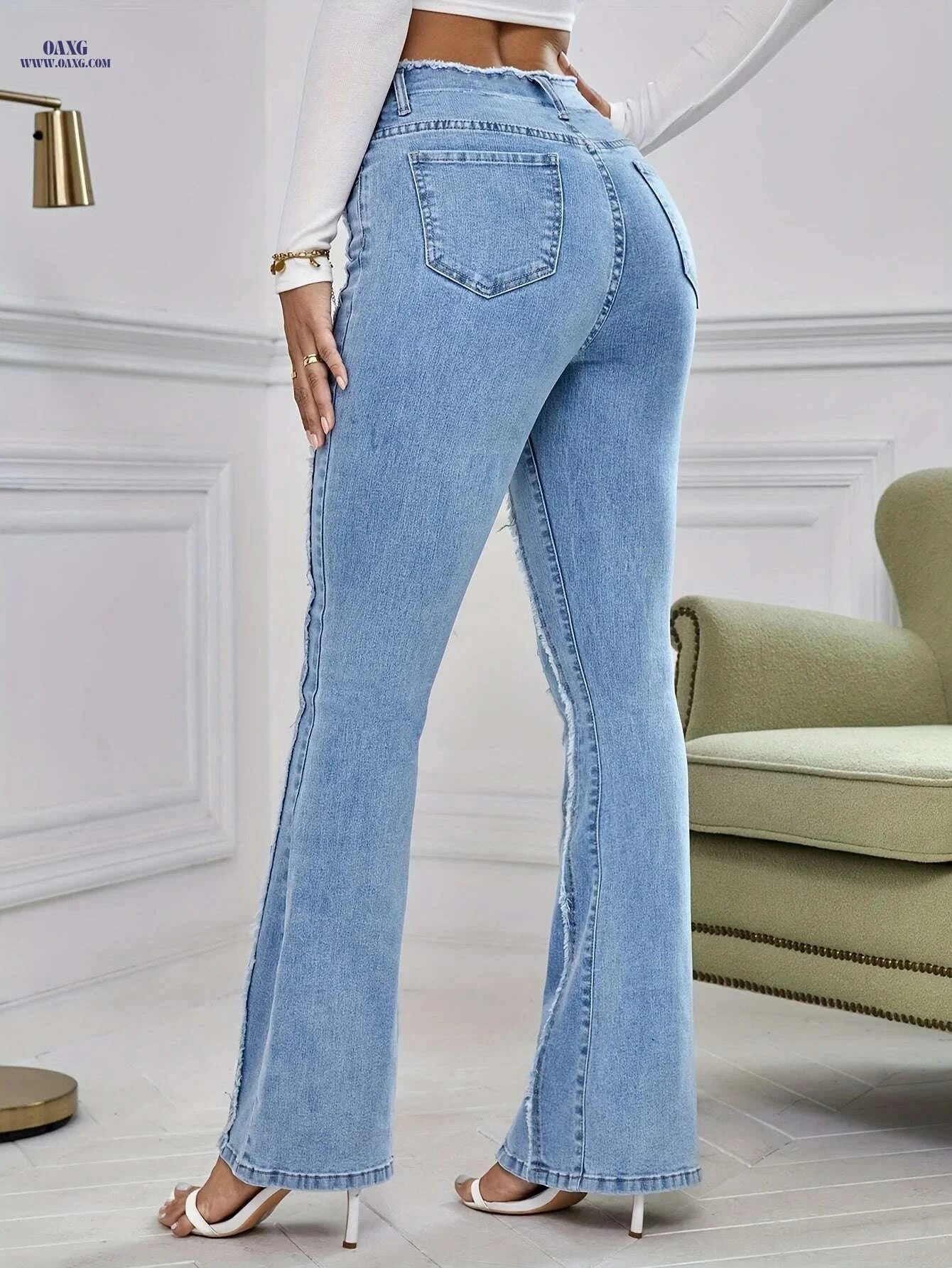 Women's High-Rise Flare Jeans - Stretchy Tassel Detail, Casual Comfort   OAXG Blue / XS