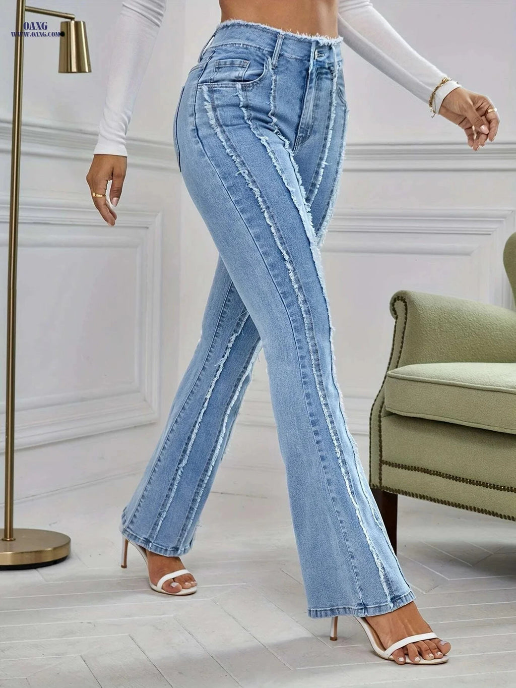 Women's High-Rise Flare Jeans - Stretchy Tassel Detail, Casual Comfort   OAXG Blue / XS
