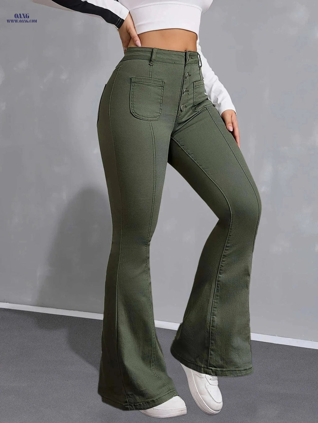 Women's High Rise Green Flare Leg Jeans - Stretchy Denim for Casual Style   OAXG Army Green / XS