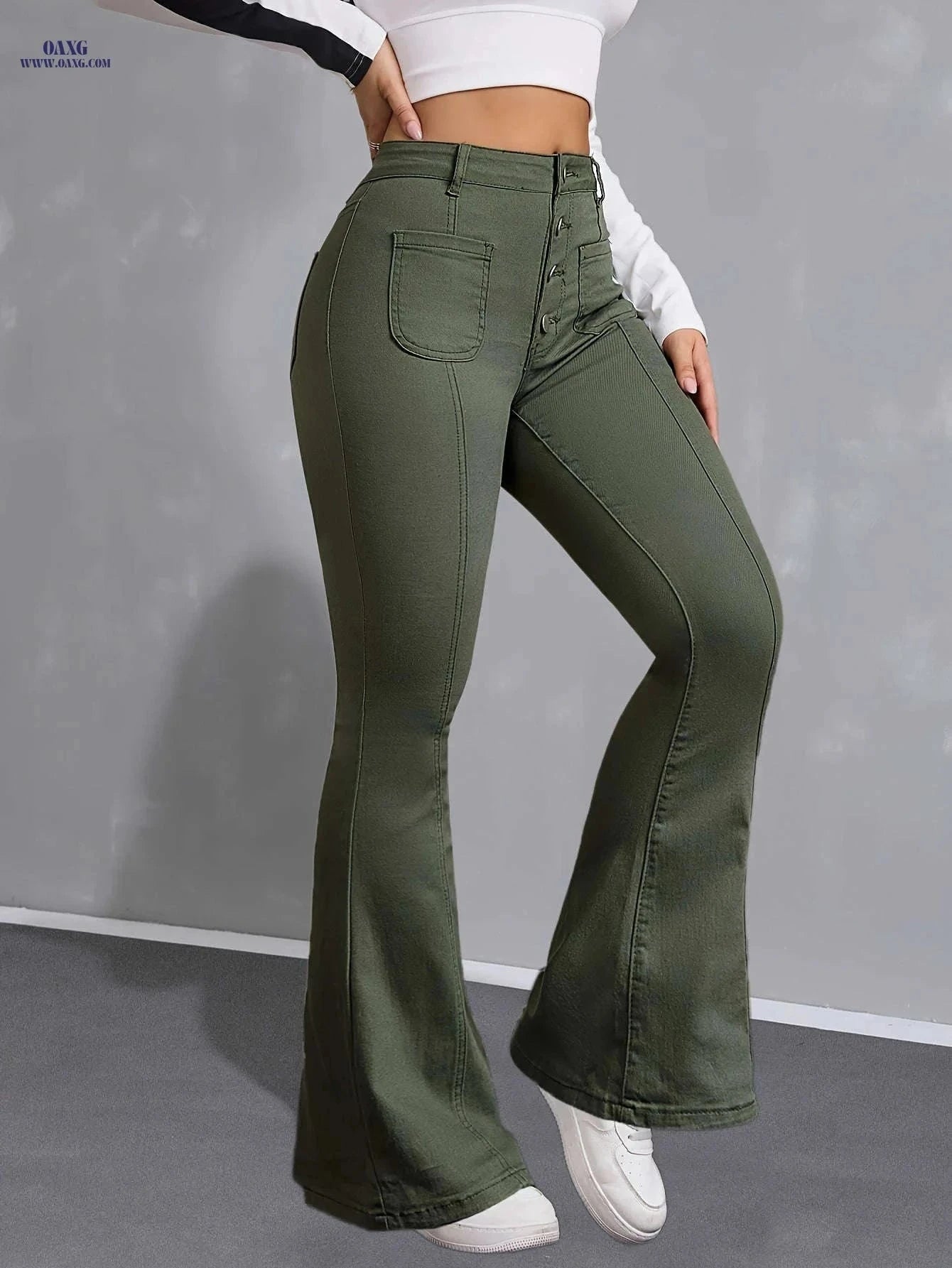Women's High Rise Green Flare Leg Jeans - Stretchy Denim for Casual Style   OAXG Army Green / XS