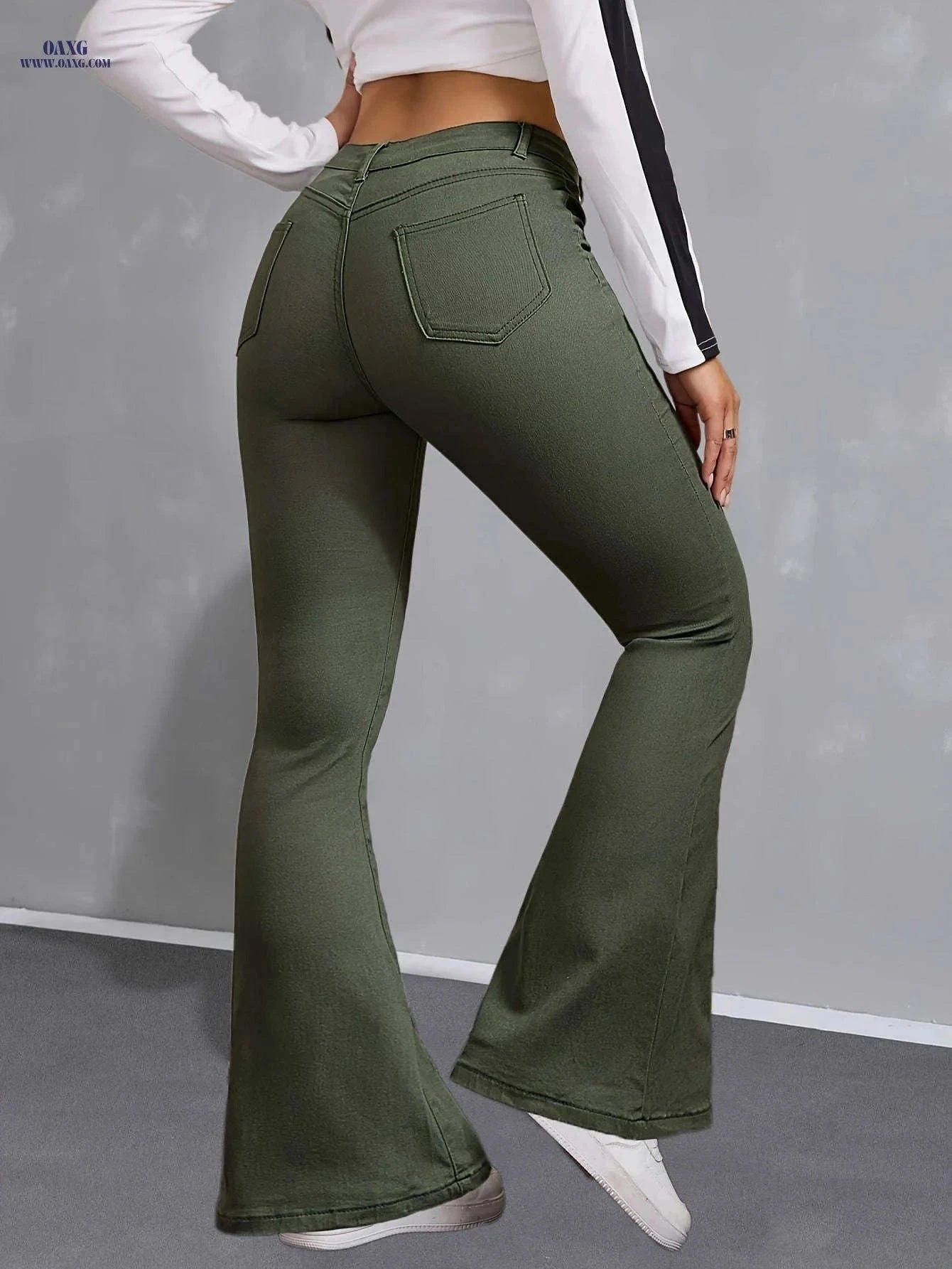 Women's High Rise Green Flare Leg Jeans - Stretchy Denim for Casual Style   OAXG Army Green / XS