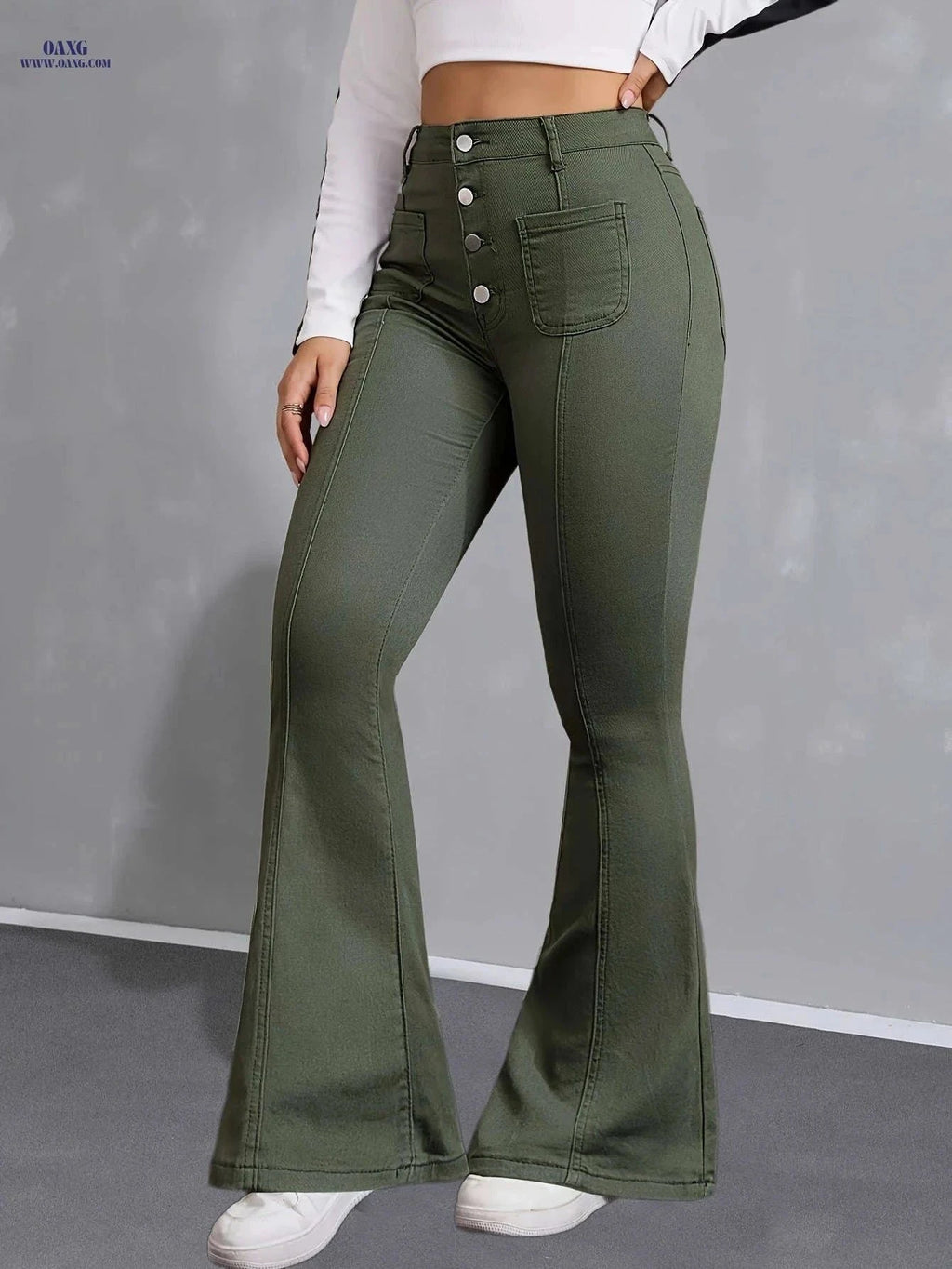 Women's High Rise Green Flare Leg Jeans - Stretchy Denim for Casual Style   OAXG Army Green / XS