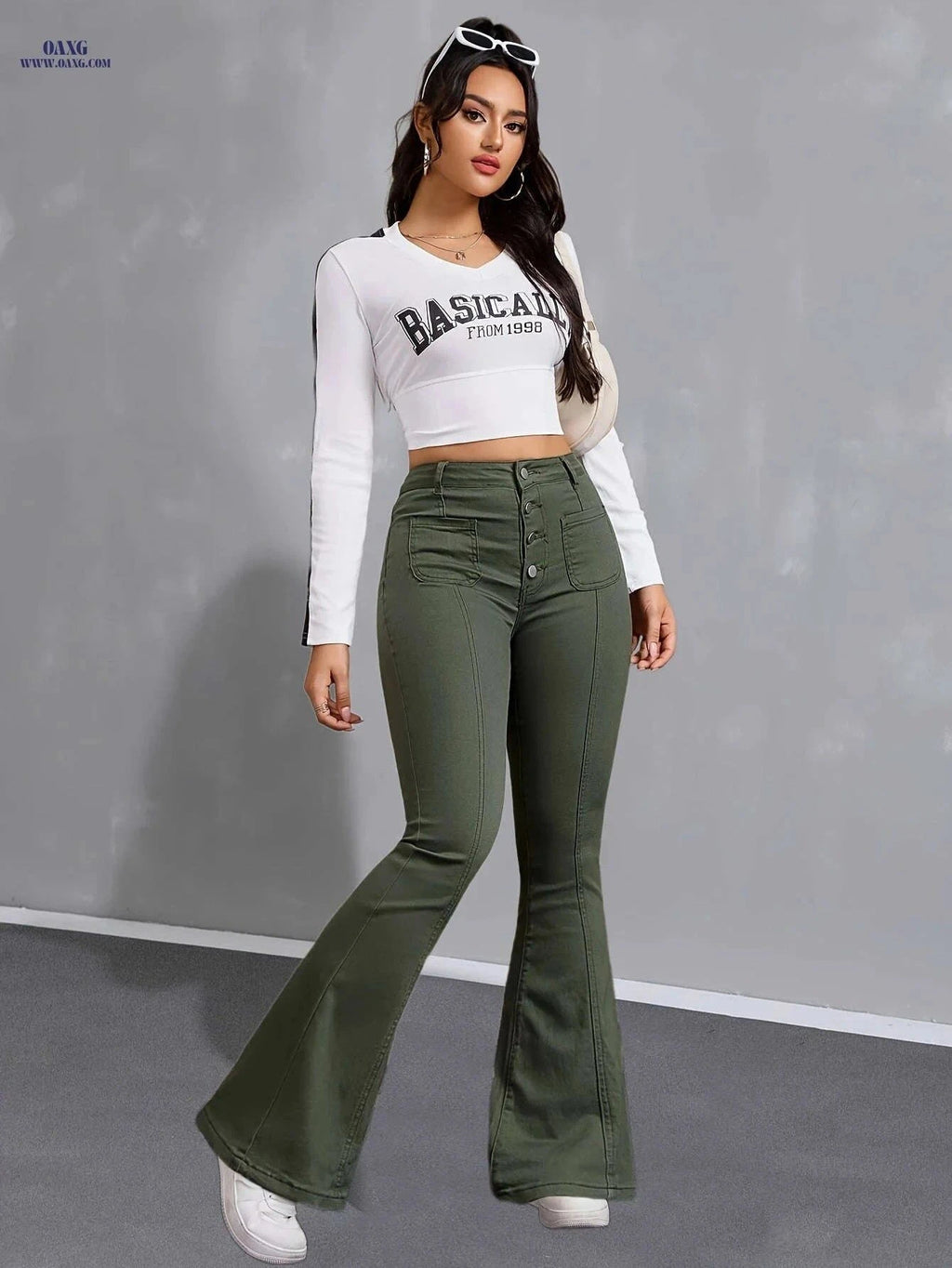 Women's High Rise Green Flare Leg Jeans - Stretchy Denim for Casual Style   OAXG Army Green / XS