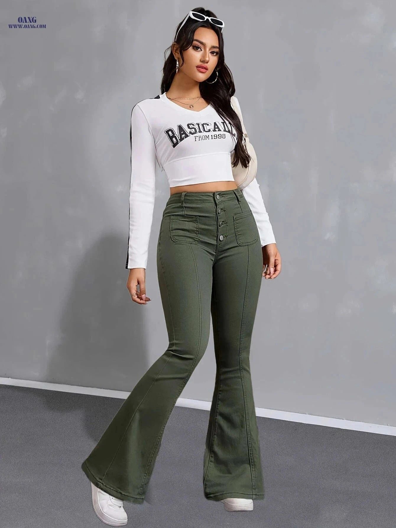 Women's High Rise Green Flare Leg Jeans - Stretchy Denim for Casual Style   OAXG Army Green / XS
